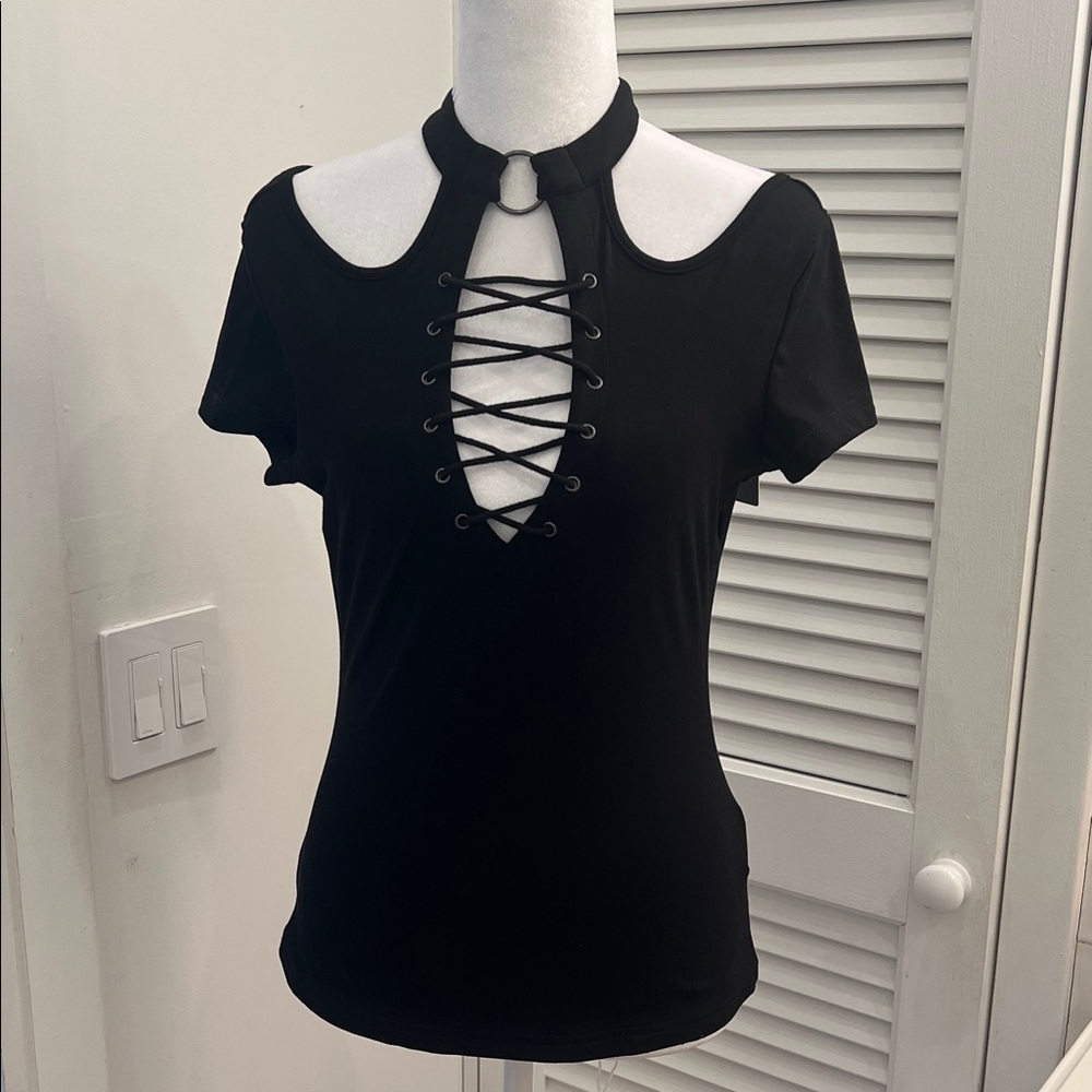 NWT Black Lace-Up Choker Neck Cutout Top